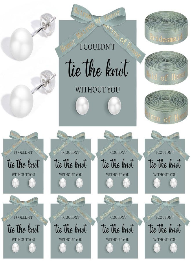 Highergo 8 Sets Bridesmaid Pearl Earrings Bridesmaid Proposal Gifts I Couldn't Tie the Knot Without You Jewelry Gifts Pearl Earrings for Wedding(Green) - Image 1